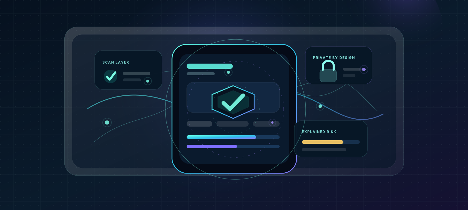 Abstract privacy scan illustration showing a protected phone, shield, and encrypted evidence signals.